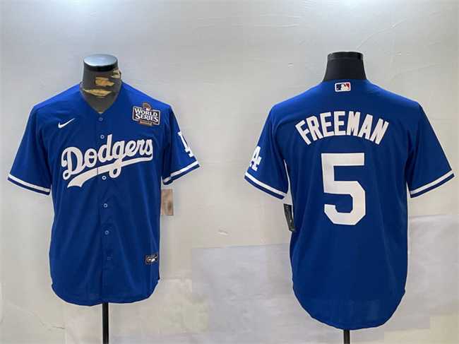 Men%27s Los Angeles Dodgers #5 Freddie Freeman Blue 2024 World Series Cool Base Stitched Baseball Jersey